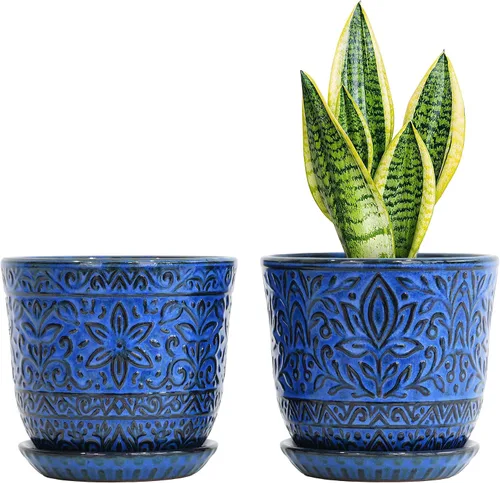Miniatura 13 de Gepege Macetas para suculentas, maceta pequeña de cerámica para interiores de 4 pulgadas con agujeros de drenaje y platillos para plantas, color Azul