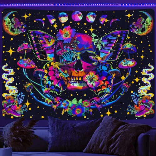 Miniatura 9 de Tapiz de calavera con luz negra, arte de pared de esqueleto reactivo a los rayos UV para dormitorio, pósteres de luz negra para adultos, tapiz