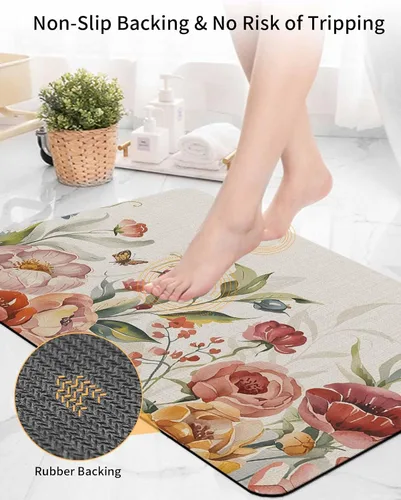 Miniatura 5 de Tapete de baño con flores retro para bañera, antideslizante, de secado rápido y absorbente, tierra de diatomeas, fregadero de cocina, ducha
