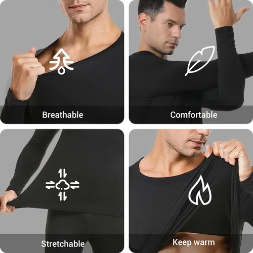 Miniatura 3 de PISIQI Ropa interior térmica para hombre ultra suave con capa base de forro polar para invierno esquí cálido Negro