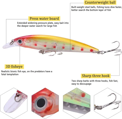 Miniatura 3 de Sougayilang Juego de señuelos de pesca Crankbaits, cebos duros, cebos de natación, para bote, para superficie, señuelos para trucha, lubina, perca
