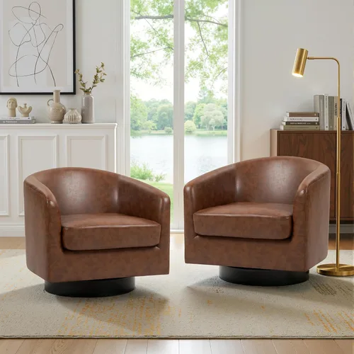 Miniatura 36 de Juego de 2 Sillas Giratorias de Acento, Silla Barril Tapizada en Tela para Sala de Estar, Cómodo Sillón Redondo Sofá Individual Asiento de Lino Beige