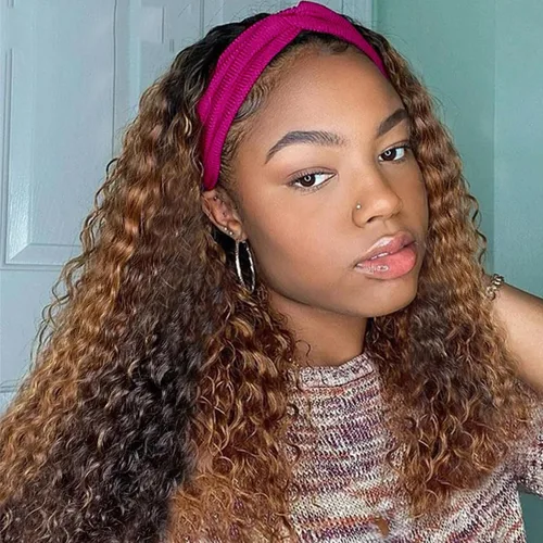Aiterina Peluca con Diadema de Cabello Humano Ombre con Mechas Rizado Peluca de Cabello Humano Pelugas con Diadema para Mujeres Negras Sin Encaje