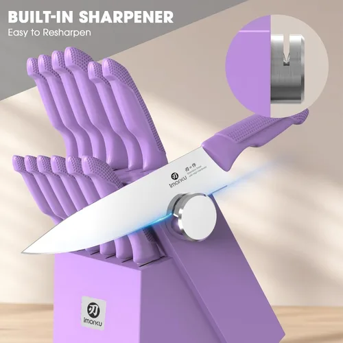 Miniatura 2 de imarku® Juego de cuchillos de cocina, afilados con afilador integrado, juego de cuchillos de bloque de acero inoxidable y mango ergonómico Púrpura