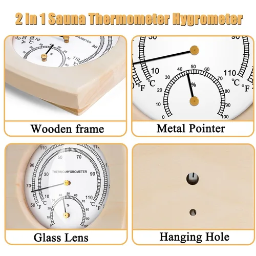 Miniatura 3 de Termómetro e higrómetro de madera para sauna - 2 en 1 Fahrenheit (50-250°F) para salas de barril/infrarrojos/vapor, diseño analógico de montaje