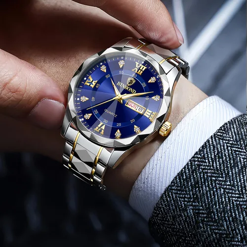 Miniatura 4 de Gosasa Luxury Men's and Women's Business Diamond Stainless Steel Waterproof Roman Numeral Analog Quartz Watch with Day-Date Calendar, Gold and