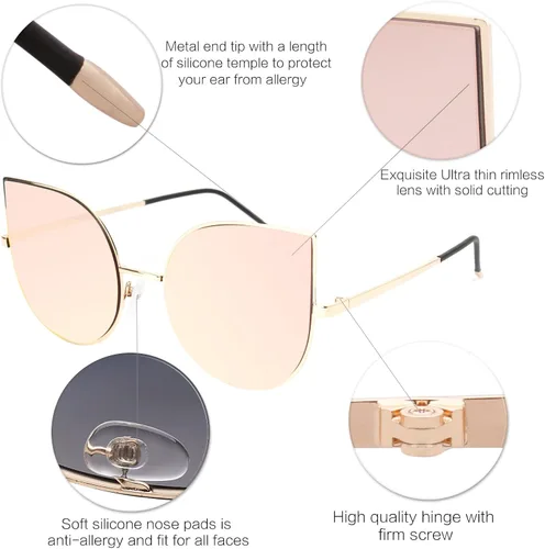 Miniatura 4 de SojoS SJ1022 anteojos de sol con lentes lisos y espejados con forma de ojos de gato, con marco de metal liviano y ultradelgado, para mujer