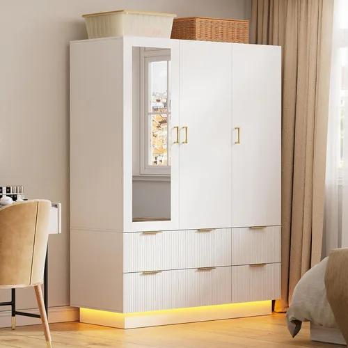Miniatura 3 de PAKASEPT Armario de 3 puertas, armario de dormitorio con espejo y luces LED, barra para colgar, cajones, armario de almacenamiento de gran capacidad