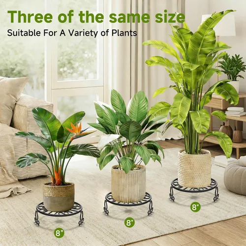 Miniatura 2 de Paquete de 3 soportes para plantas de hierro forjado para uso en exteriores e interiores, soporte de metal resistente a la corrosión, base negra