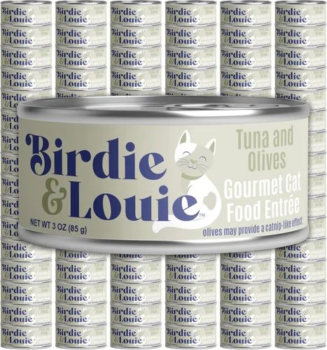 Birdie & Louie Comida húmeda de atún y aceitunas para gatos, platos gourmet en hojuelas en caldo, 3 onzas (96 latas)