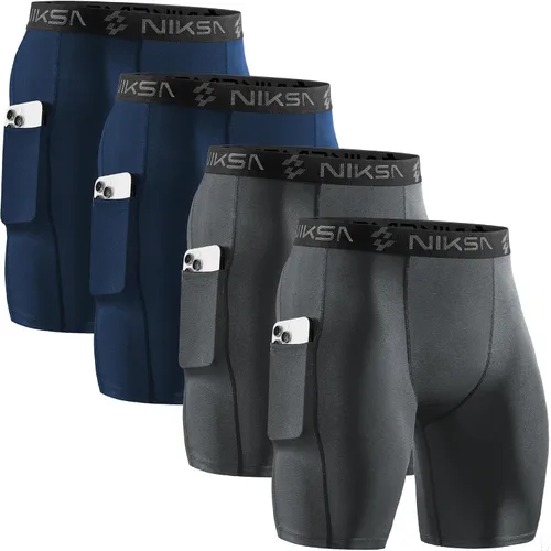 Miniatura 17 de Niksa Paquete de 2/4 pantalones cortos de compresión para hombre con bolsillo, pantalones cortos de elastano para correr, deportes, atletismo