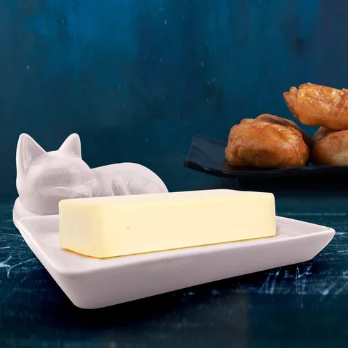 Miniatura 5 de Plato para mantequilla de cerámica adorable con gato - Accesorio de cocina único y versátil - Manera duradera y creativa de almacenar y servir