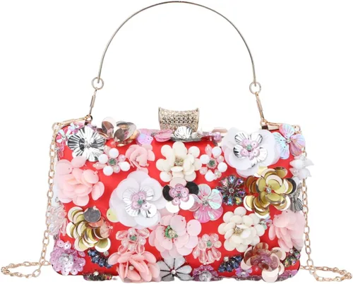 Fecialy Bolsos de noche florales para mujer, bolsos de mano con diamantes de imitación coloridos, bolso floral para novia, boda, bolso de hombro con