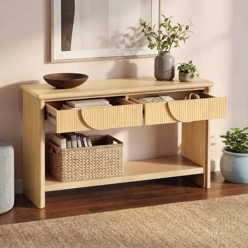 Miniatura 42 de 50" Modern Art Sculptural Console Table, Oval Cutout Legs, Wood Veneer, Thick Rounded Tabletop, Contemporary Entryway Sofa Table for Living Room