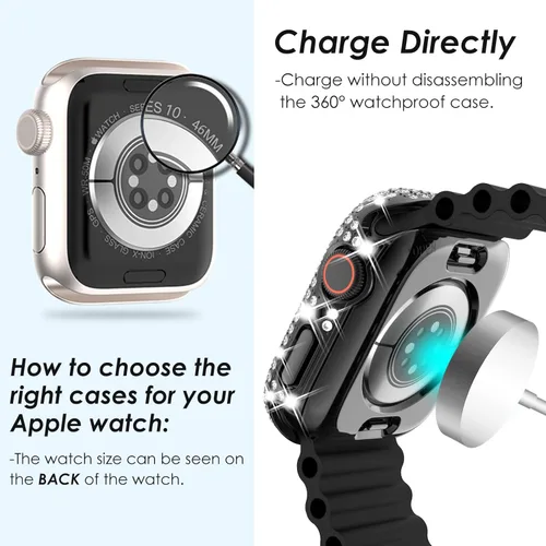 Miniatura 4 de Funda delantera y trasera, 2 en 1, brillante, impermeable, 360°, de policarbonato y protector de pantalla de vidrio para iWatch 8 y 7 de 41 mm, Negro