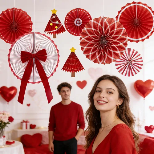 Miniatura 6 de Decoración de abanico de papel de Navidad, decoraciones de sombrero de Papá Noel, divertidos abanicos de papel colgantes rojos con estrellas doradas