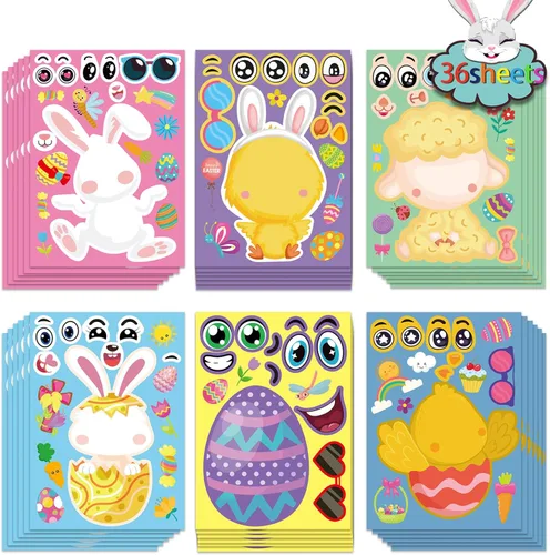 36 Hojas de Pegatinas de Pascua para Niños, Relleno para Cesta de Pascua, Pegatinas para Hacer Caras, Crea tus Propias Pegatinas de Animales,