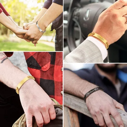 Miniatura 2 de FindChic Pulseras de identificación personalizadas con barra de nombre para hombres y mujeres, chapadas en oro de 18 quilatesacero inoxidablenegro