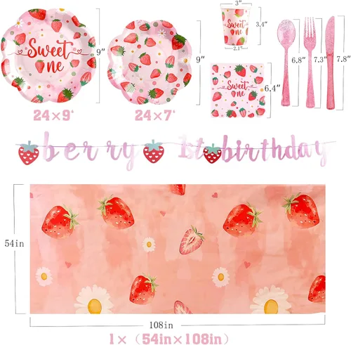 Miniatura 2 de Decoraciones de primer cumpleaños de fresa para niña, platos de primer cumpleaños de fresa para 24, platos de fresa, decoraciones de primer