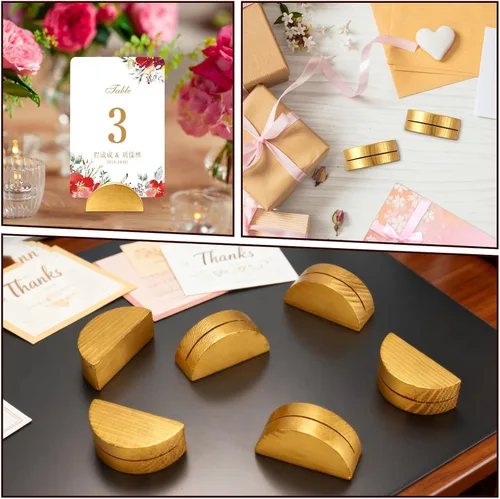 Miniatura 7 de 24 soportes de madera dorada para números de mesa, tarjeteros de madera que incluyen calcomanías adhesivas sin rastro, soportes de tarjetas