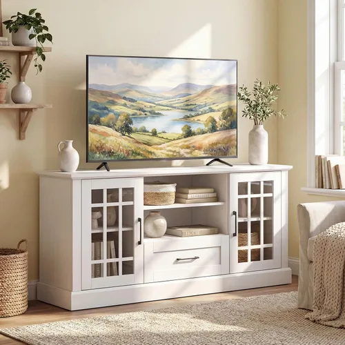 Miniatura 2 de LOKO Armario de TV de 62 pulgadas, mesa consola multimedia con 2 armarios y cajones de puerta de cristal, para televisores de hasta 70 pulgadas