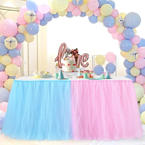 Falda de mesa de revelación de género para baby shower, decoración de fiesta de revelación de género, faldas de mesa tutú de tul rosa y azul para
