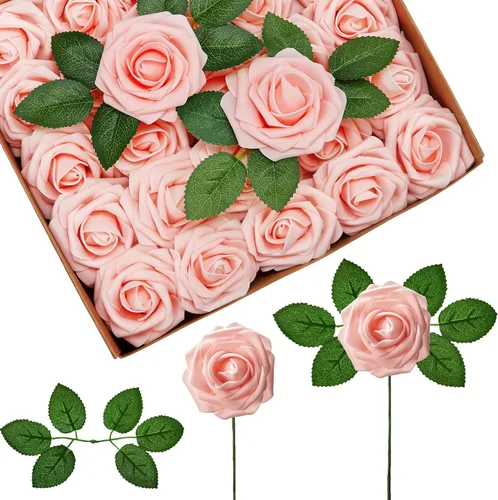 InnoGear Flores artificiales, 50 unidades de rosas falsas de espuma color rubor a granel con tallos para decoración, ramos de boda, centros de mesa,
