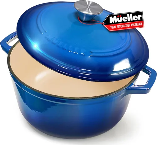 MUELLER HOME Horno Holandés de Hierro Fundido Esmaltado de 4.5 QT, Cacerola de Servicio Pesado y Sartén Braseadora con Tapa y Perilla de Acero