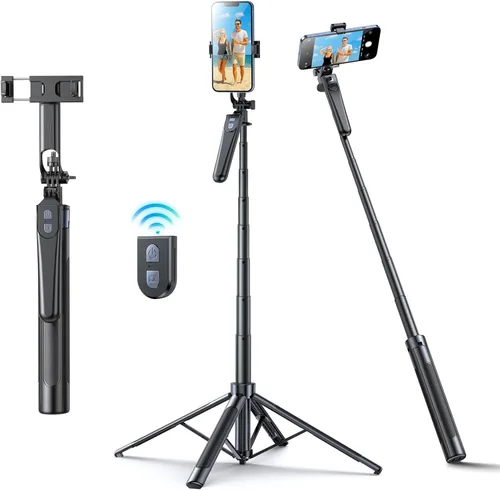 Miniatura 7 de Trípode Selfie Stick, trípode de 71 pulgadas para iPhone, rotación de 360° con control remoto inalámbrico, soporte portátil de aluminio