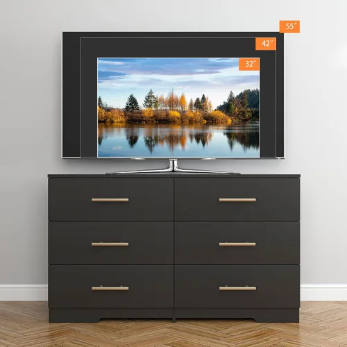 Miniatura 5 de Spaco Cómoda negra para dormitorio, cómoda moderna y grande de 6 cajones con asa dorada, cómoda de almacenamiento, mueble de madera para TV, mueble