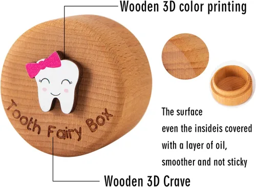 Miniatura 3 de Caja de madera de hadas de dientes para niñas y niños, bonita caja de dientes con diente 3D, almacenamiento de dientes perdidos para niños, caja