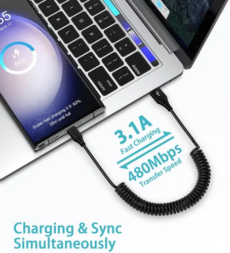 Miniatura 4 de Cable USB C a USB, Android Auto de 3 pies + 5 pies en espiral para automóvil, cable retráctil de carga rápida tipo C para Samsung Galaxy S26 Ultra