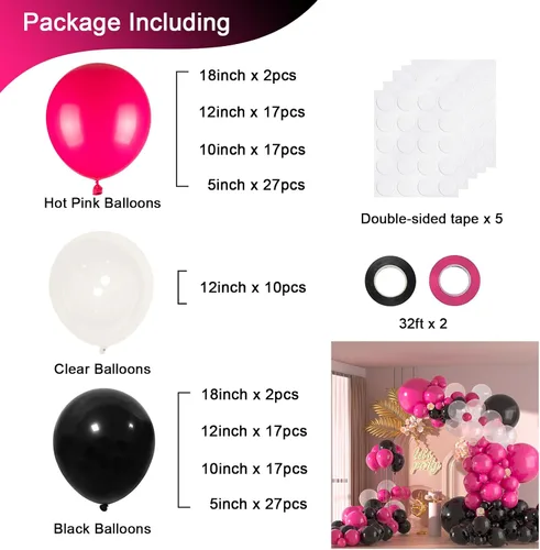 Miniatura 2 de 136 piezas de kit de arco de globos de color rosa eléctrico y negro con globos transparentes - 18/12/10/5 pulgadas de guirnalda gótica