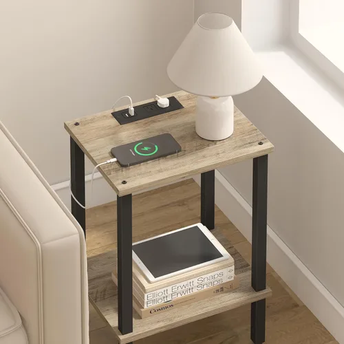 Miniatura 3 de TUTOTAK Mesa auxiliar con estación de carga, pequeña mesa auxiliar con tomas de corriente, mesita de noche, mesa de cabecera, estante de Gris beige