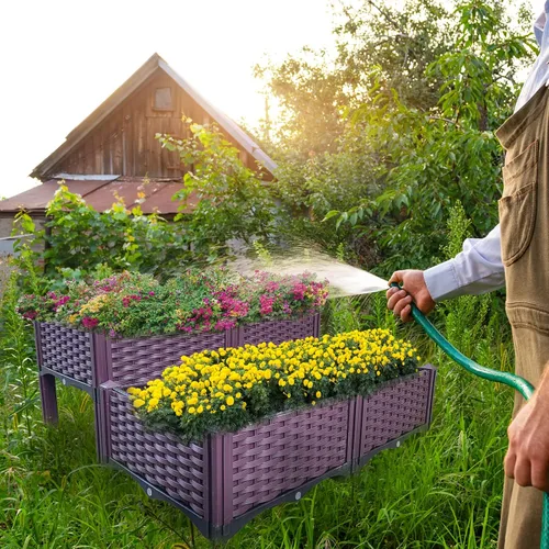 Miniatura 5 de Cama de jardín elevada de plástico de 4 piezas, cajas de cultivo, kit de caja de cuidado para plantas de interior y exterior, cajas de jardín