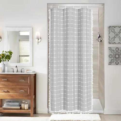 Miniatura 35 de MitoVilla Juego de cortinas de ducha estilo bohemio, modernas cortinas de ducha bohemias para decoración de baño, cortina de ducha de tela de lino