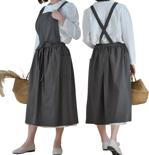 Miniatura 6 de VLZUFE Delantal de lino y algodón para mujer, con espalda cruzada, con bolsillos, para trabajos de jardinería, vestido delantal, color negro