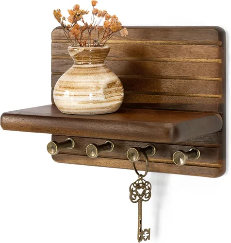 Rebee Vision Soporte de pared de madera de acacia para decoración del hogar, mini llavero de 7 pulgadas para pared con 4 ganchos resistentes y