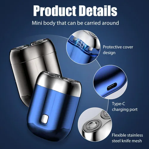 Miniatura 3 de Mini maquinilla de afeitar eléctrica portátil, modelo 2 en 1, mini afeitadora eléctrica de doble cabeza, recargable, impermeable, compacta, para Azul