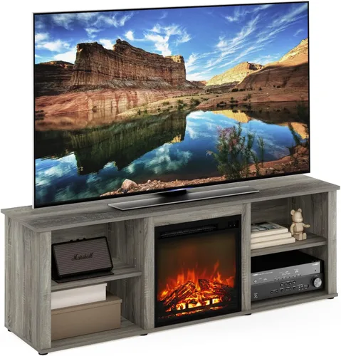 Furinno Soporte clásico de TV de 70 pulgadas con chimenea, roble francés gris gris roble francés