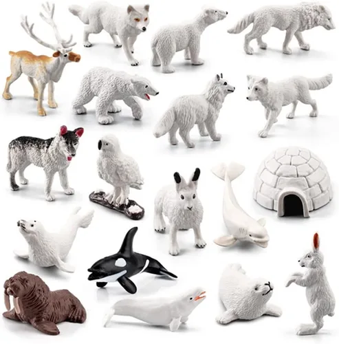 OUKEYI Juego de mini figuras de animales árticos, 18 piezas de juguete para niños pequeños, reno de plástico realista, ballena blanca, oso polar,