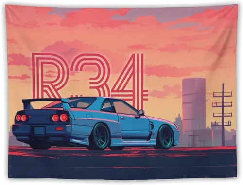 Miniatura 17 de QEOPGNE Tapiz grande para colgar en la pared, diseño de puente de puerta dorada, grandes olas, japonés, retro, Jdm, auto, R34, tapiz para 2