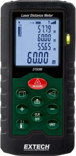 Extech Medidor de distancia láser DT60M – Medidor láser digital de 196 pies con funciones de área/volumen/altura indirecta, pantalla retroiluminada,