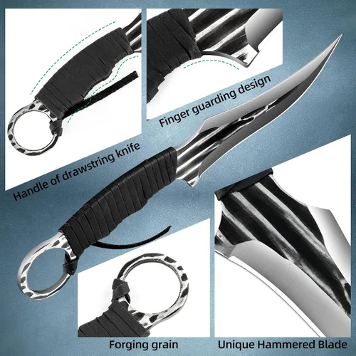 Miniatura 5 de Juego de cuchillos de caza de hoja fija, 2 piezas, cuchillo táctico de supervivencia con mango de espiga completa con funda para acampar al aire