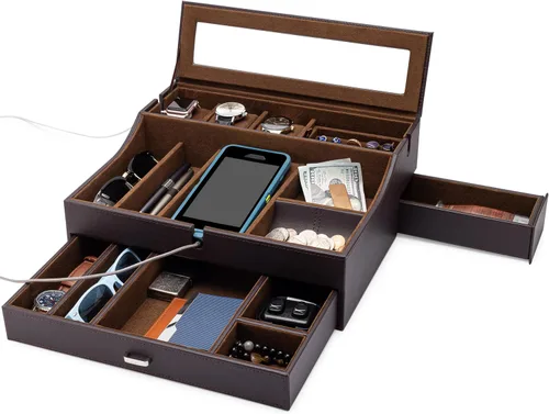 Organizador de caja de valet para hombre, bandeja de valet grande de cuero para hombres, organizador de bandeja de valet para hombre con estación de