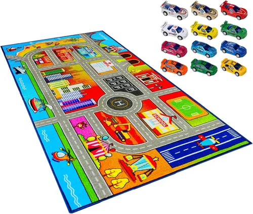 Miniatura 13 de Booooom Jackson Alfombra Infantil de Tren y Ciudad - Antideslizante, Lavable, Pista de Carreras de Coches para Niños y Niñas
