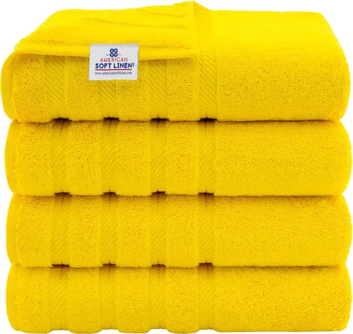 American Soft Linen - Juego de 4 toallas, 100% de algodón turco, 27 x 54 pulgadas, tamaño extragrande, toallas para la ducha, color amarillo