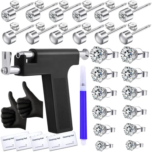 Miniatura 10 de Kit de Pistola Perforadora de Orejas Automática con 18 Pares de Aretes de Circonia Cúbica, Herramientas de Perforación con Pistola Multiusos