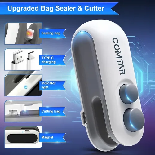 Miniatura 3 de Sellador de bolsas de chips recargable 2 en 1 con cortador, máquina portátil de sellado térmico USB C para chips, herramienta de sellado térmico