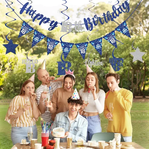 Miniatura 6 de Decoración de cumpleaños número 18 azul y plateado para niños y niñas, pancarta de feliz cumpleaños 18 con estrellas de dieciocho años de edad
